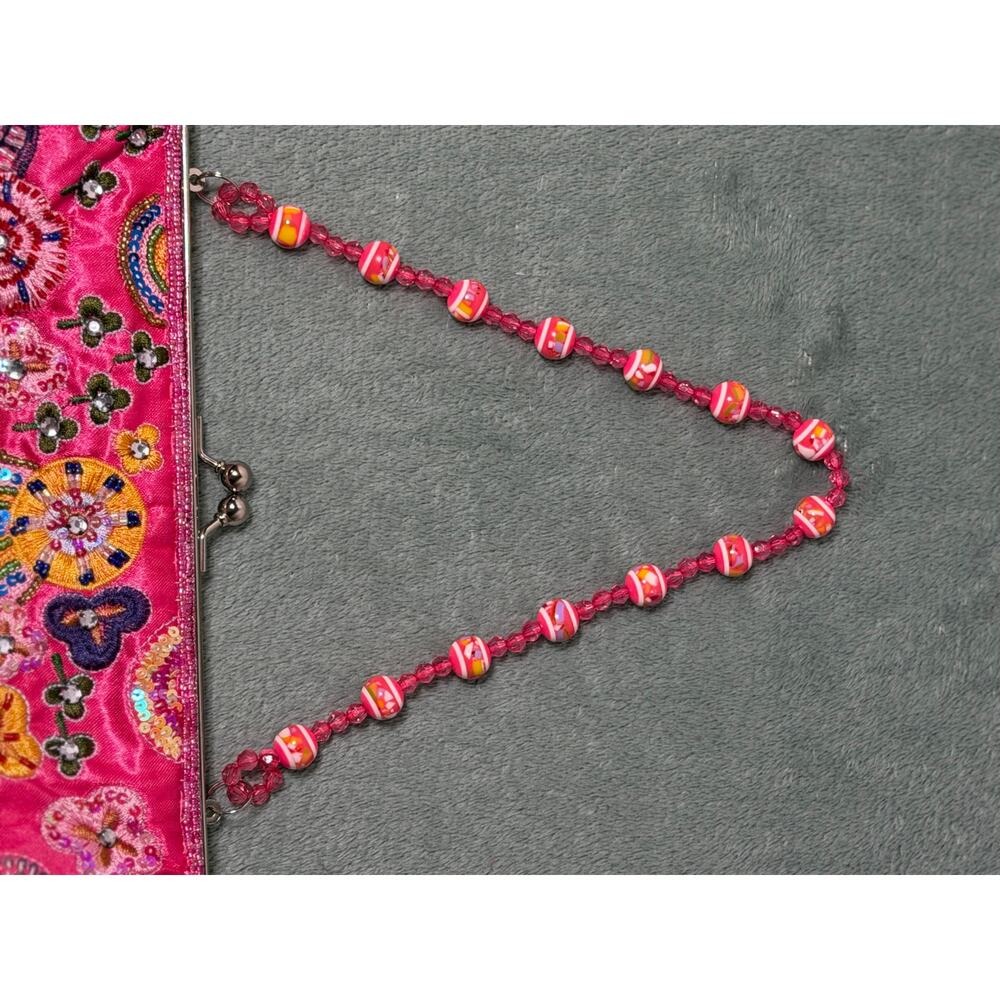 Pink Embroidered Satin Clutch Evening Bag Kiss Lock Boho Festival Statement Bag - Picture 11 of 11